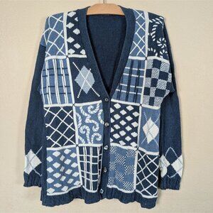 VTG 90s Chunky Knit Cardigan V Neck Blue White Fisherman Grandpa Cozy